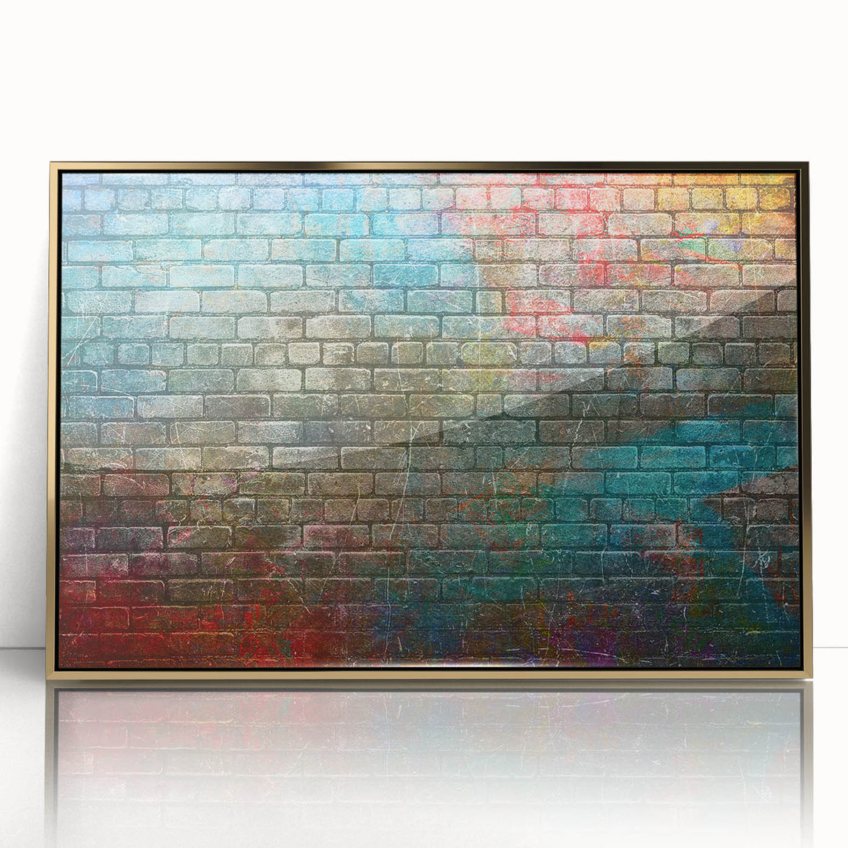 Large art print of a mid-century modernist abstract design in soft gold and white tones, framed in acrylic.