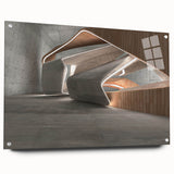 Large abstract wall art in vibrant orange and blue tones, acrylic print with side pins, ideal for dining room decor.