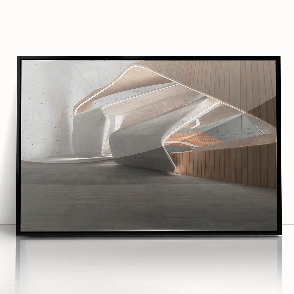 Large abstract wall art in acrylic featuring swirling blue and gray tones on a framed canvas.