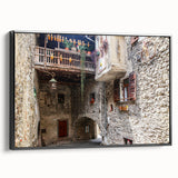 Framed black and white landscape art painting on canvas, featuring a vintage-style mountain scene.