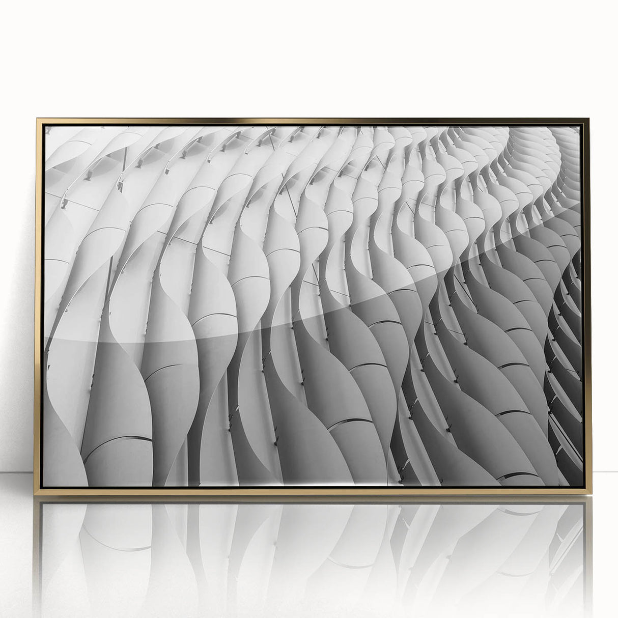 Mid-century modernist acrylic print featuring geometric shapes in gold and teal tones, ideal for nursery wall decor.