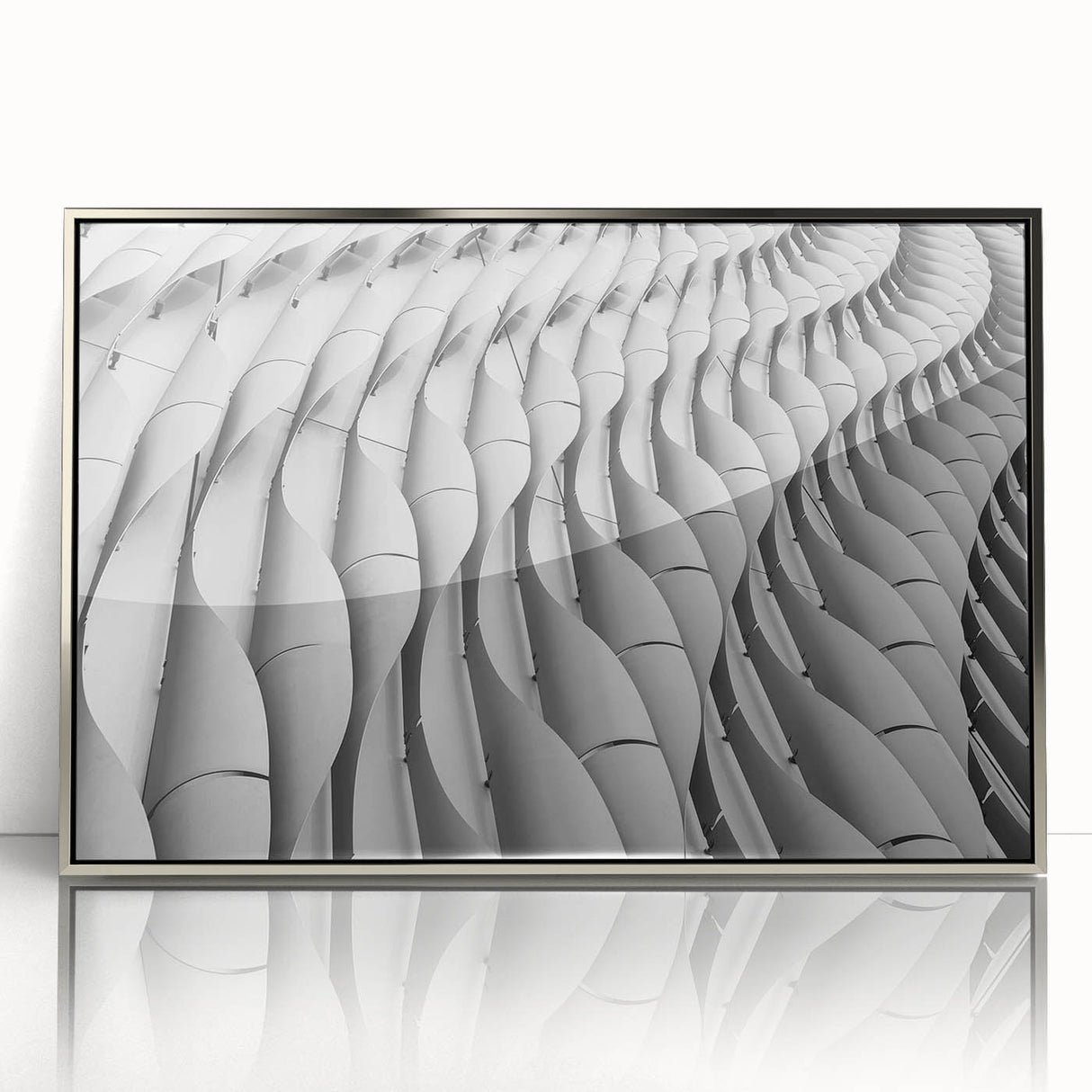 Art deco poster featuring geometric shapes in silver and black, framed acrylic, ideal for modern art wall decor in a nursery.