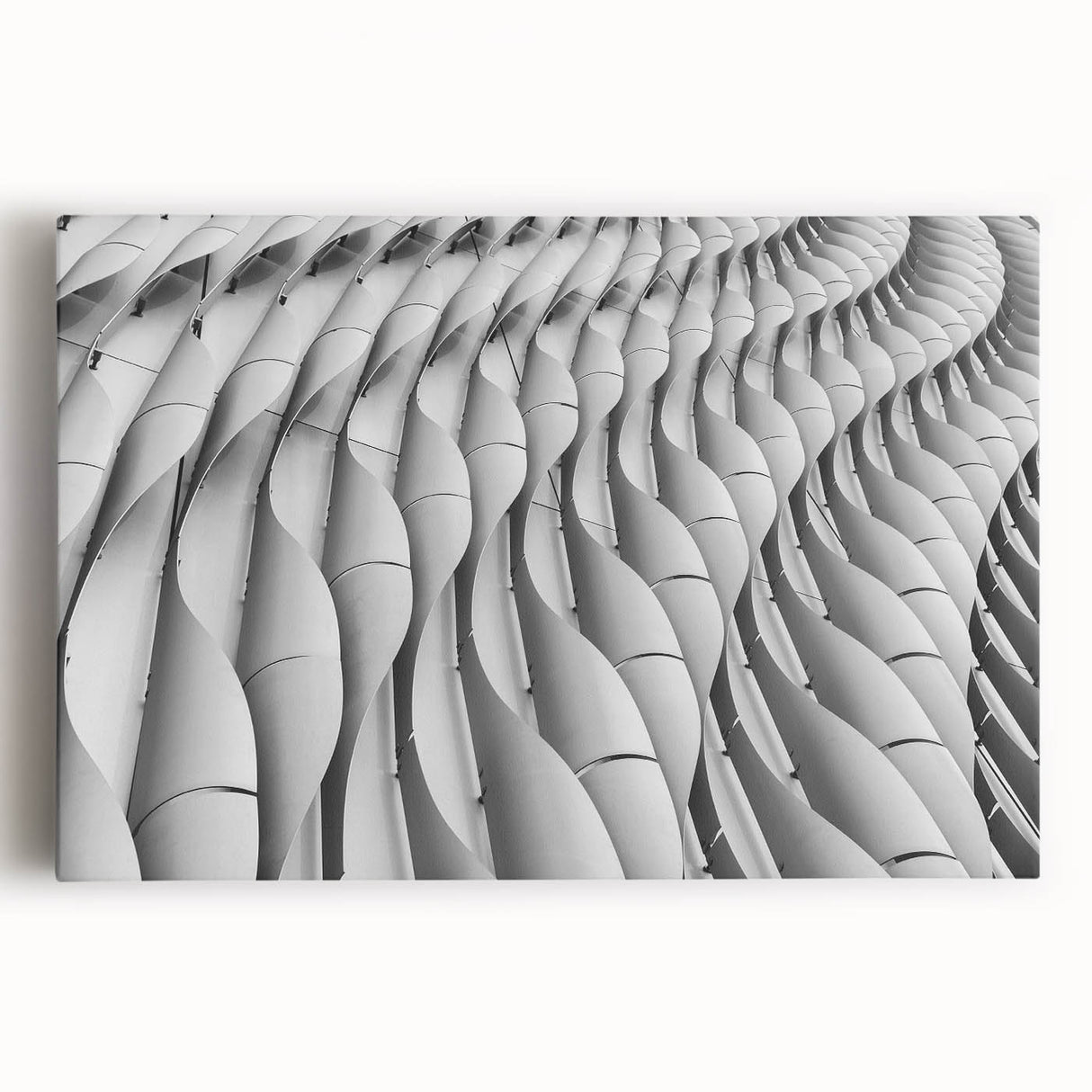 Large black and white abstract print on stretched canvas, featuring swirling patterns, ideal for kitchen wall art.