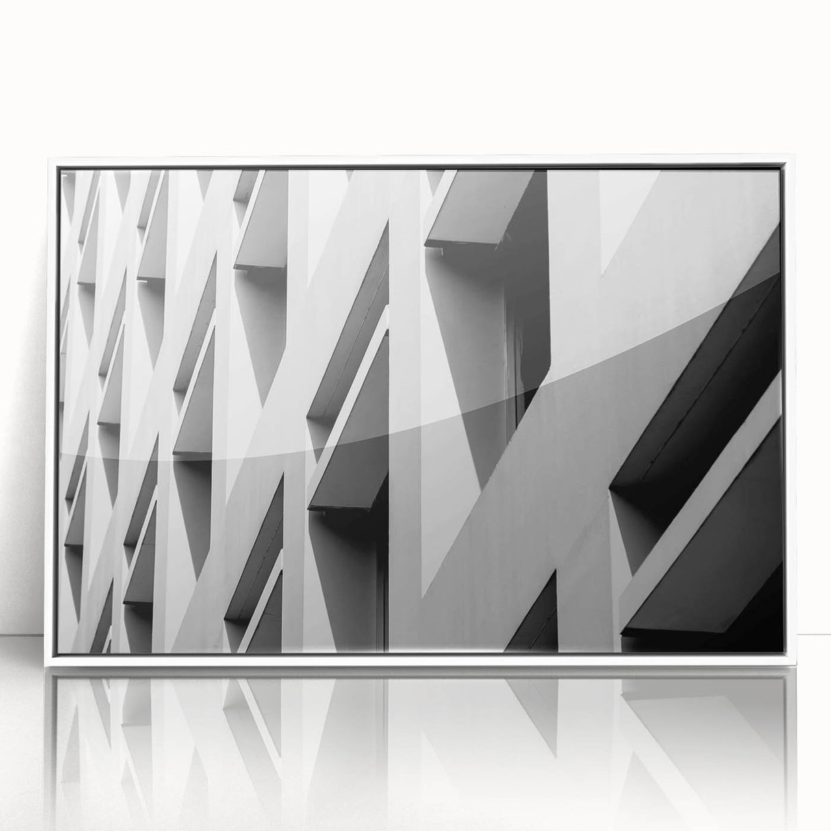 Large art print of a mid-century modernist abstract design in muted earth tones on framed acrylic.