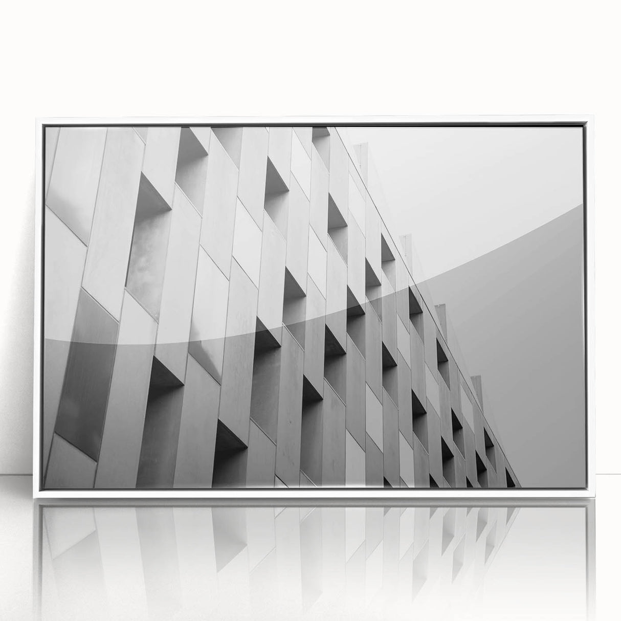 Large art print of a mid-century modernist abstract design in muted earth tones, framed in white acrylic.