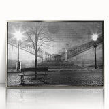 Framed acrylic print of a mid-century modernist art deco poster featuring geometric shapes in silver and gray tones.