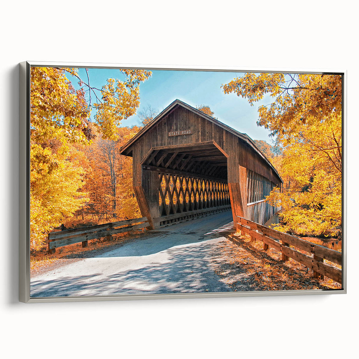Landscape art painting on framed canvas featuring a vintage poster style.