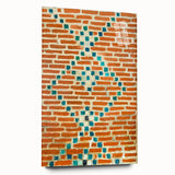 Large abstract wall art in vibrant blue and orange tones on acrylic glass, suitable for bedroom or dining room decor.