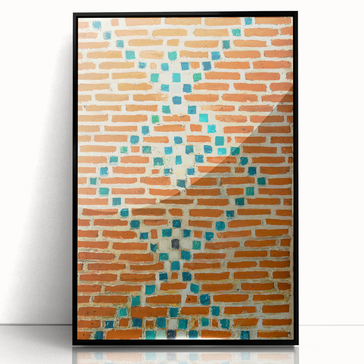 Large abstract wall art in mid-century modernist style, featuring swirling blue and gray tones on a framed acrylic print.