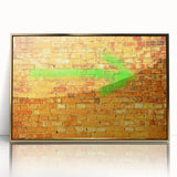 Framed acrylic print featuring a mid-century modernist abstract design in gold and black tones.