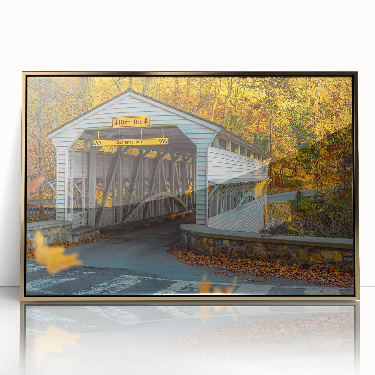 Large art print of a mid-century modernist abstract design in gold and black tones on acrylic.
