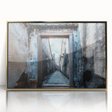 Large art print of a mid-century modernist abstract design in gold and white tones, framed acrylic.