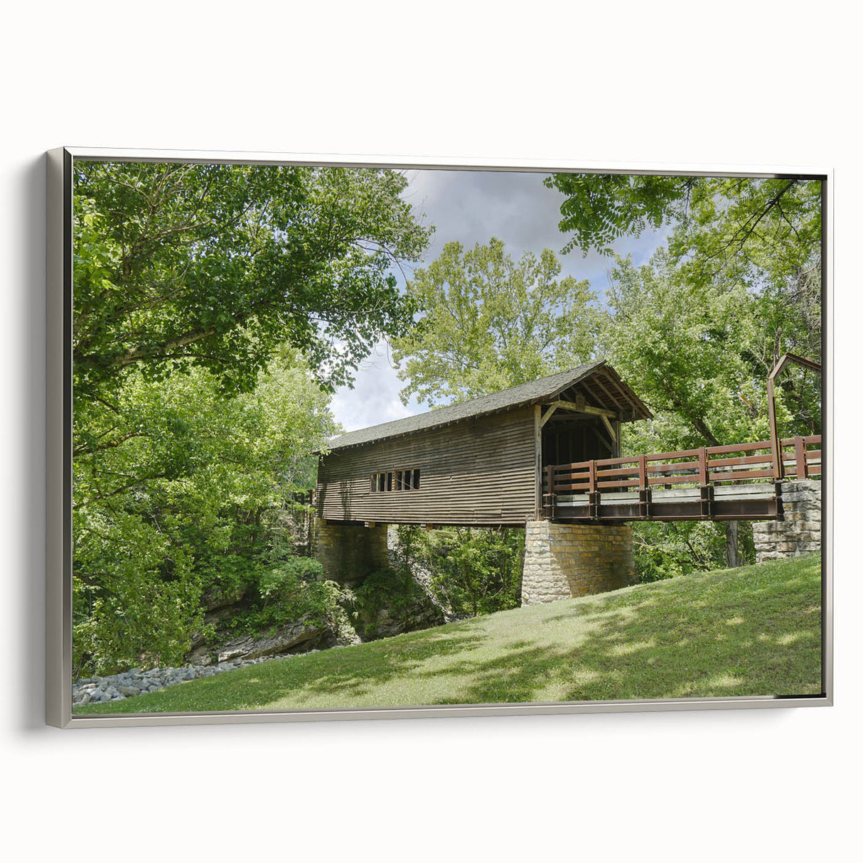 Landscape art painting on framed canvas, featuring a colorful, vintage-style scene with dominant black elements.