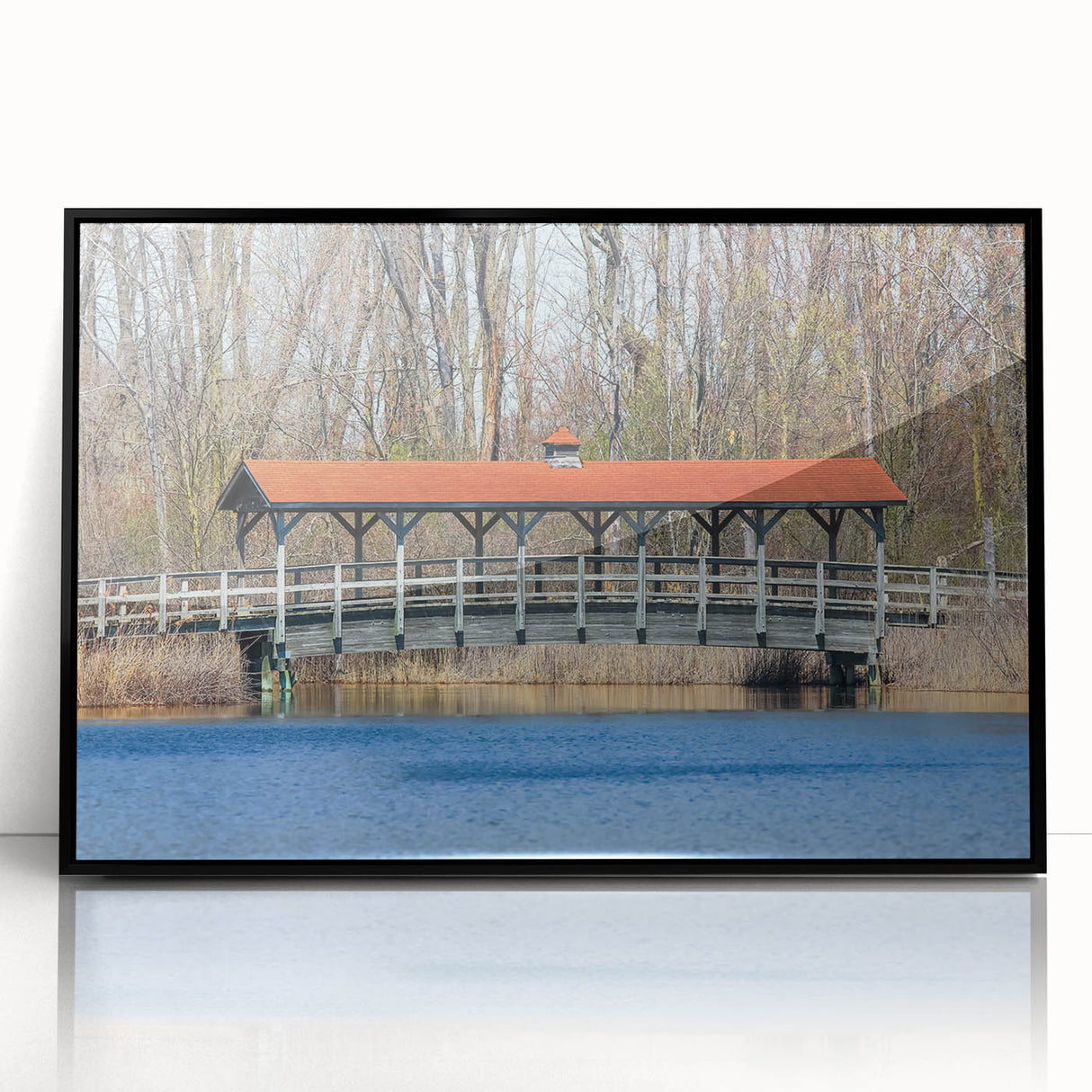 Large abstract wall art in mid-century modernist style, featuring vibrant blue and orange tones on framed acrylic.