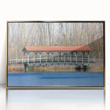 Framed acrylic print of an abstract design in gold and white tones, mid-century modernist style.