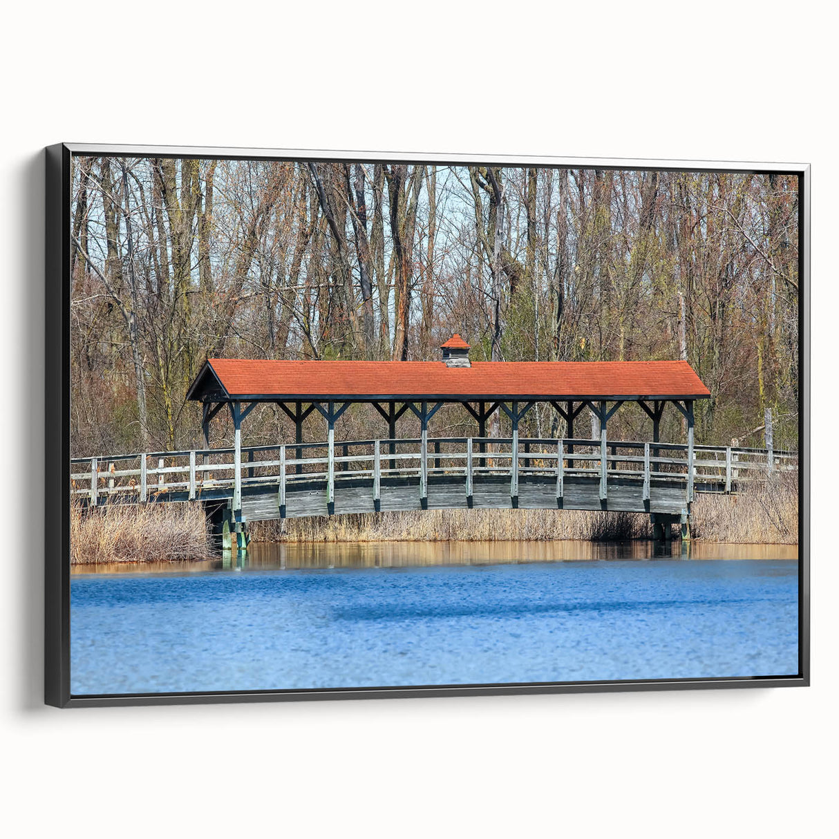 Black and white landscape painting on framed canvas, featuring a serene tree-lined river scene, ideal for bedroom wall decor.