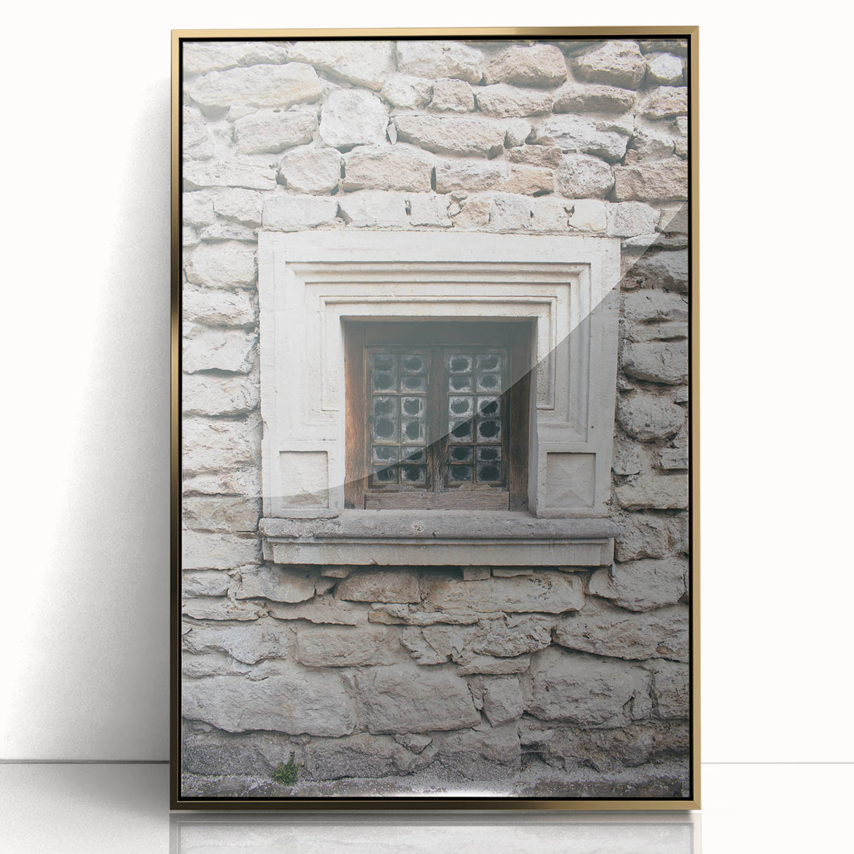 Large acrylic print of mid-century modernist art featuring geometric shapes in gold and black.