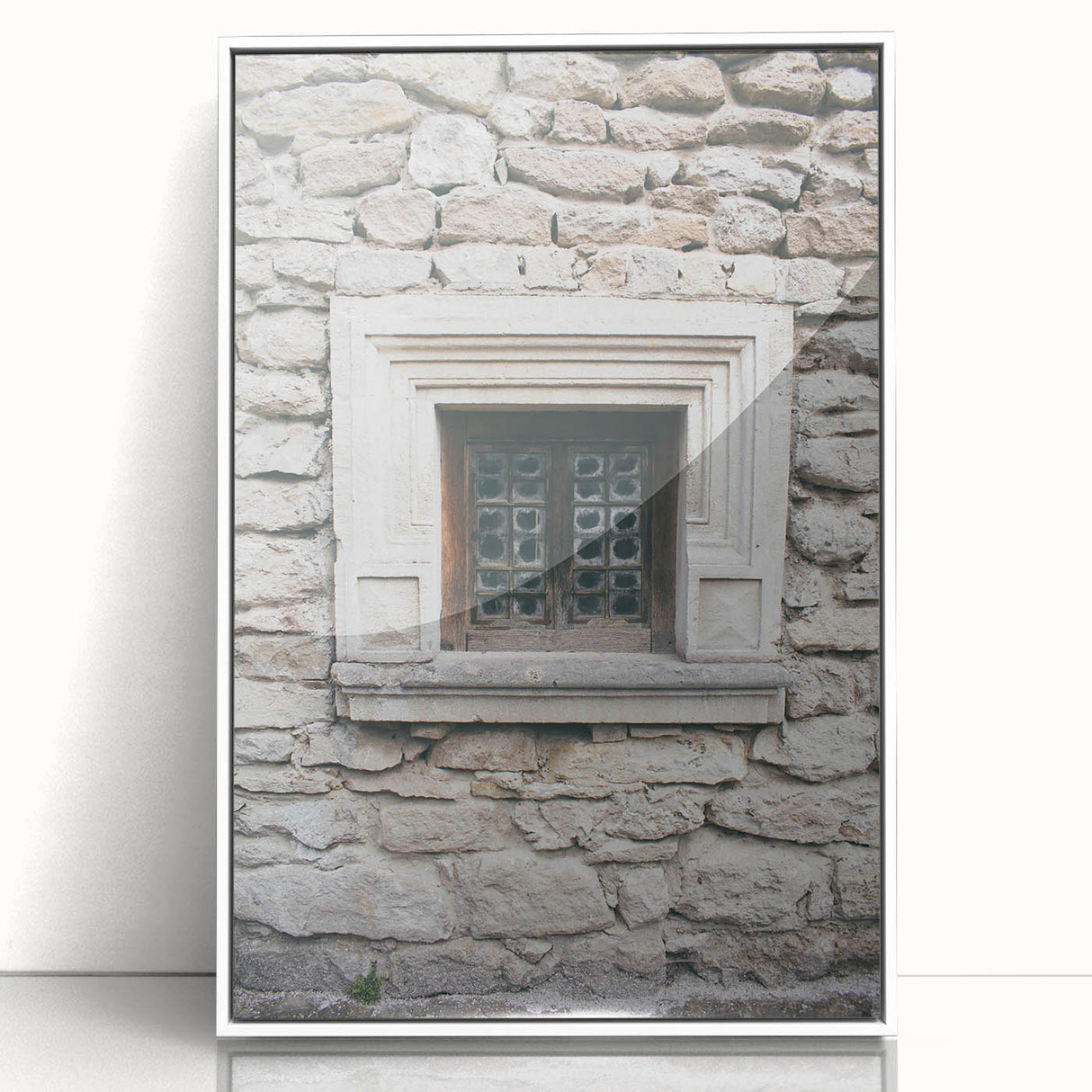 Art deco poster featuring geometric shapes in muted gold and white on acrylic, ideal for nursery wall decor.