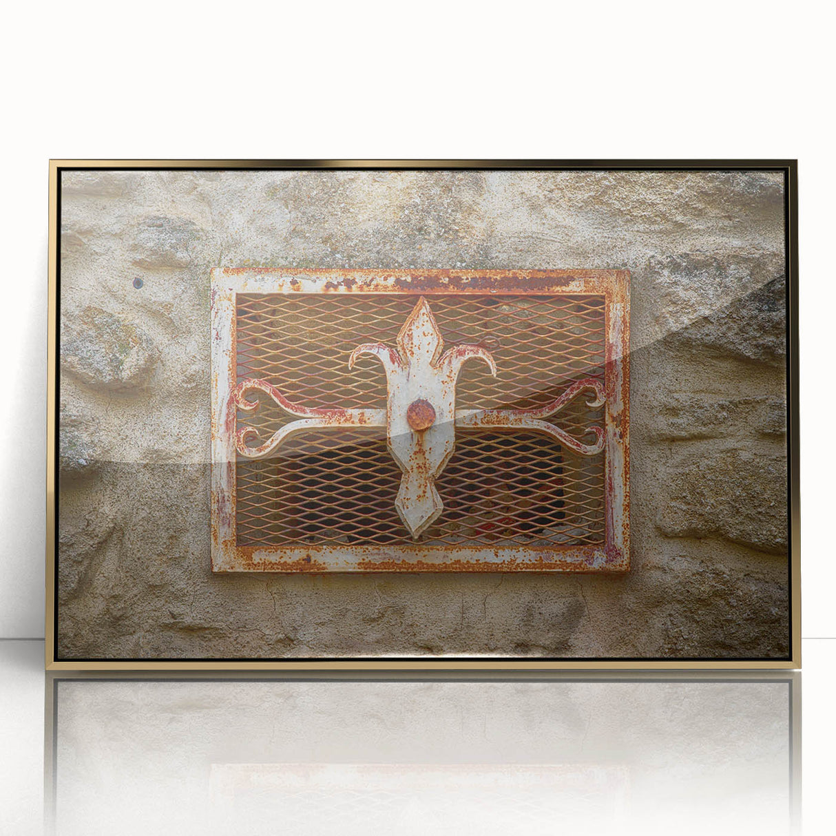 Large art print of a mid-century modernist abstract design in gold and black tones on acrylic.
