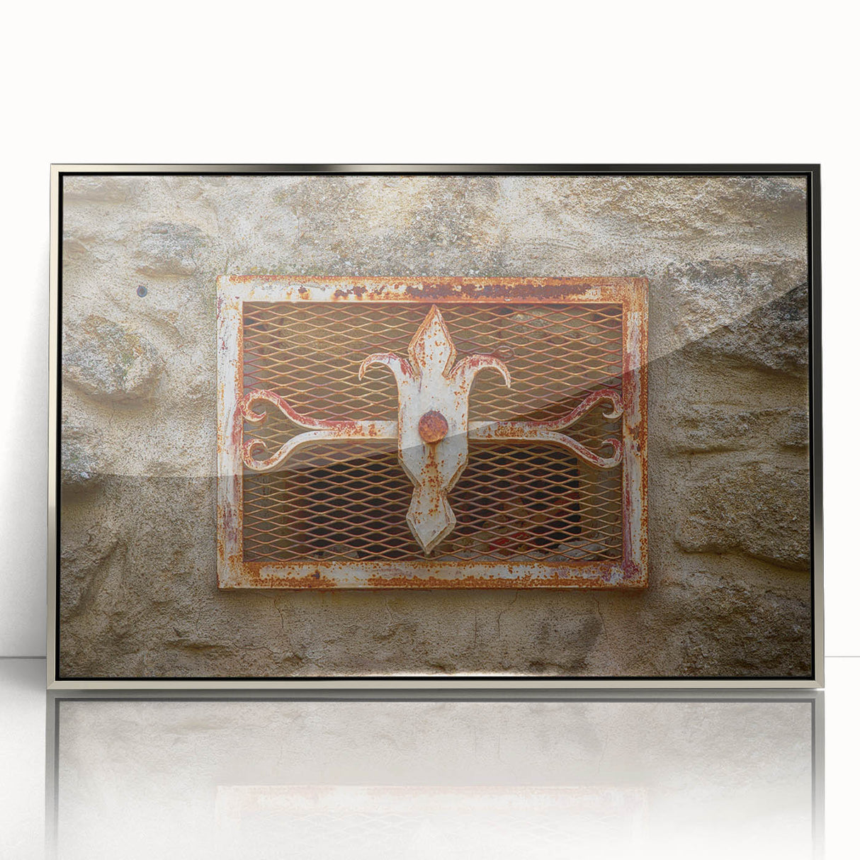 Mid-century modernist art deco poster featuring geometric shapes in muted earth tones, framed acrylic.
