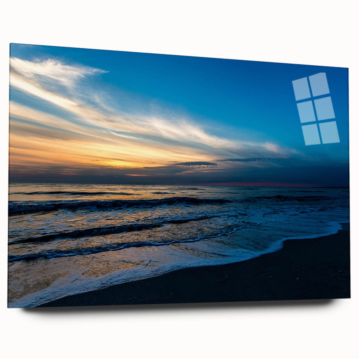 Large abstract wall art in vibrant blue and orange on acrylic glass, ideal for bedroom or dining room decor.