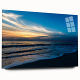 Large abstract wall art in vibrant blue and orange on acrylic glass, ideal for bedroom or dining room decor.
