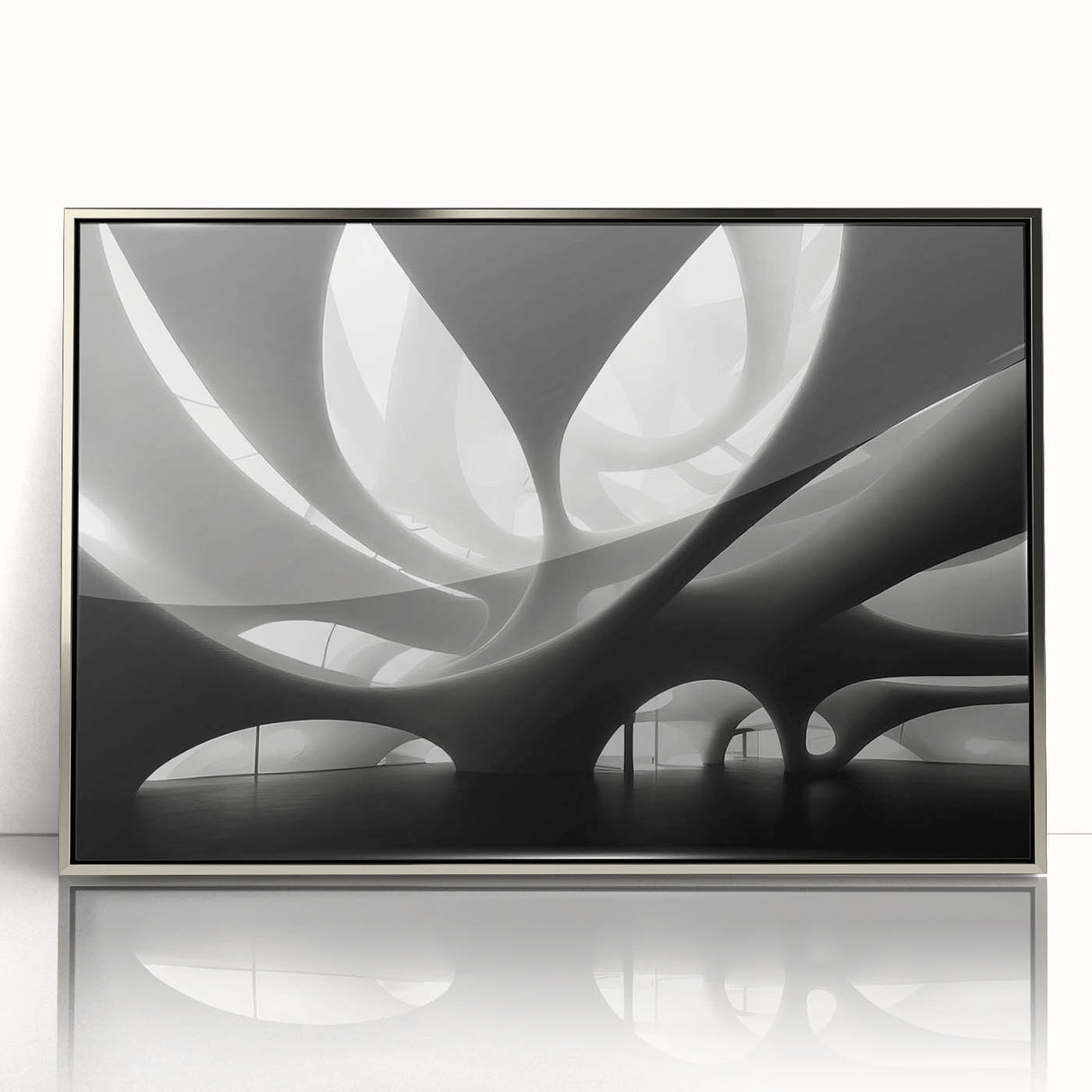 Framed acrylic print of an art deco poster with geometric patterns in silver and gray tones.
