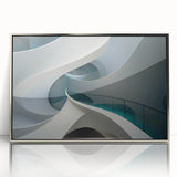 Framed acrylic print of an art deco poster featuring geometric patterns in silver and black.