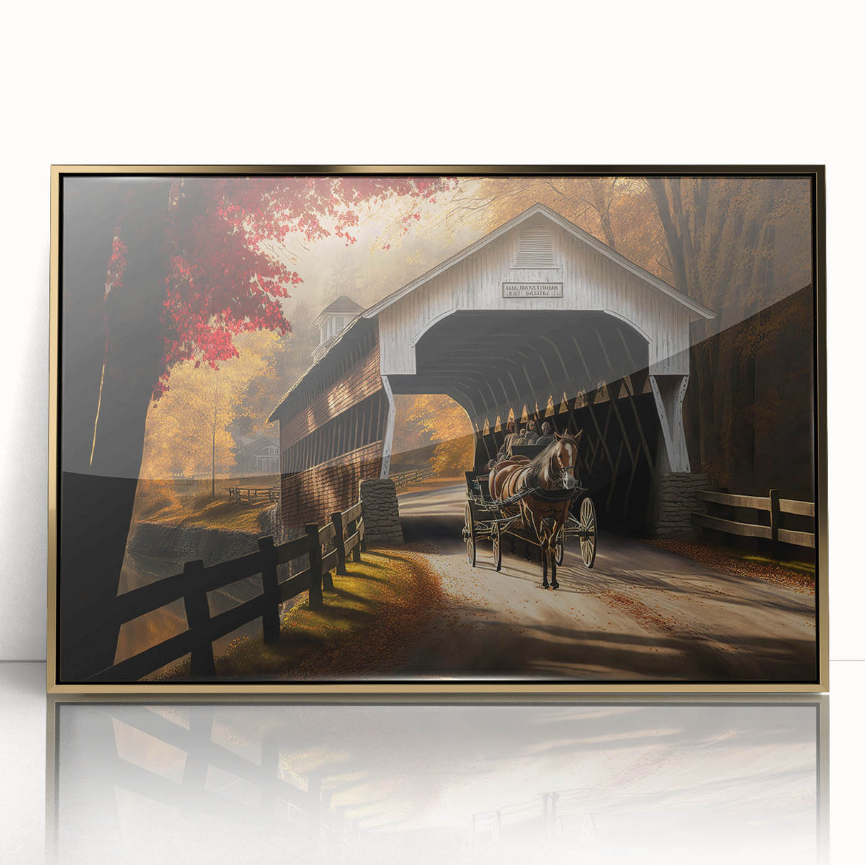 Large acrylic print of mid-century modernist art in gold and black tones.