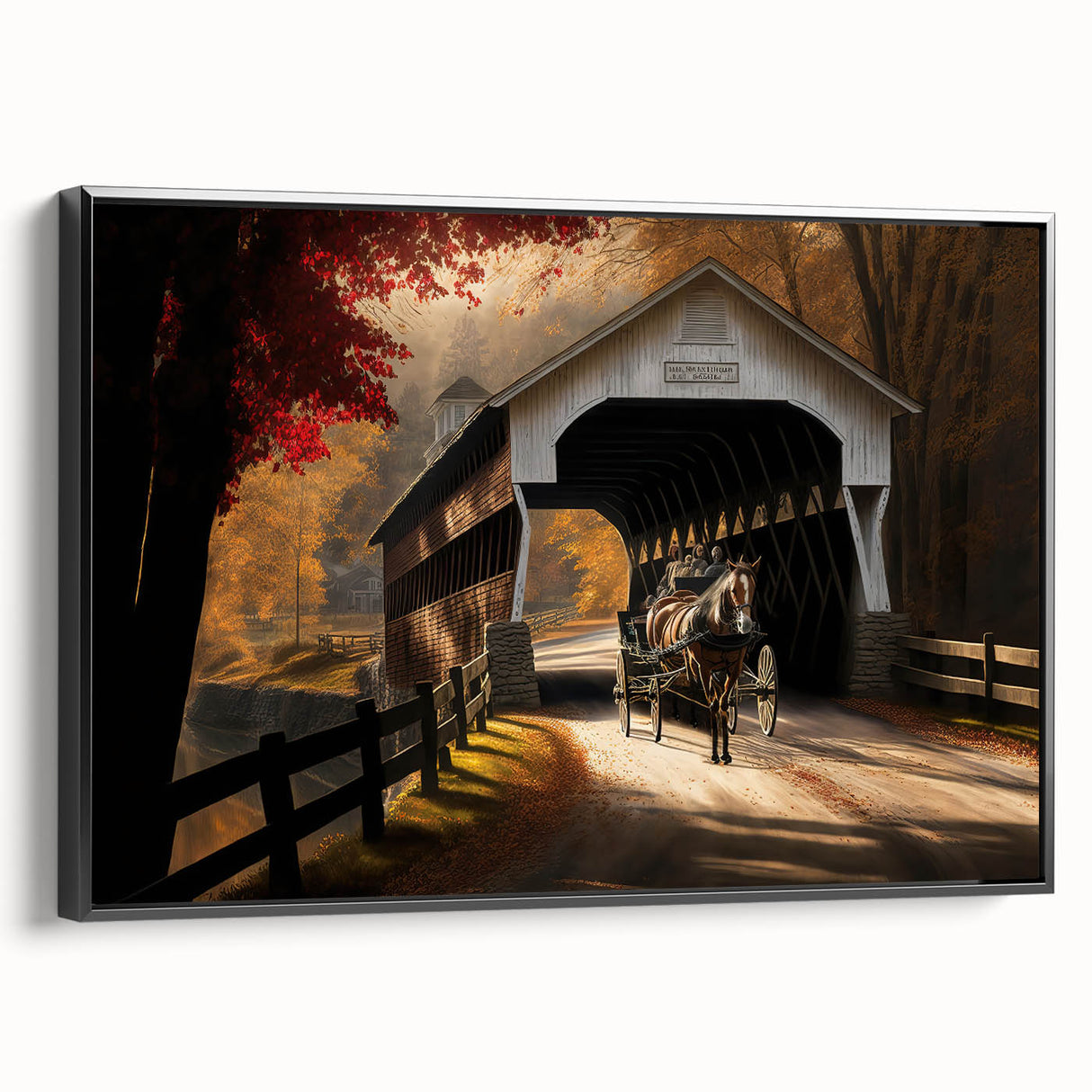 Black and white framed canvas of a vintage landscape painting, ideal for bedroom wall decor.