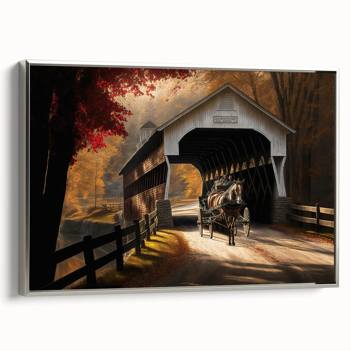 Framed canvas depicting a vintage landscape painting with muted earth tones.