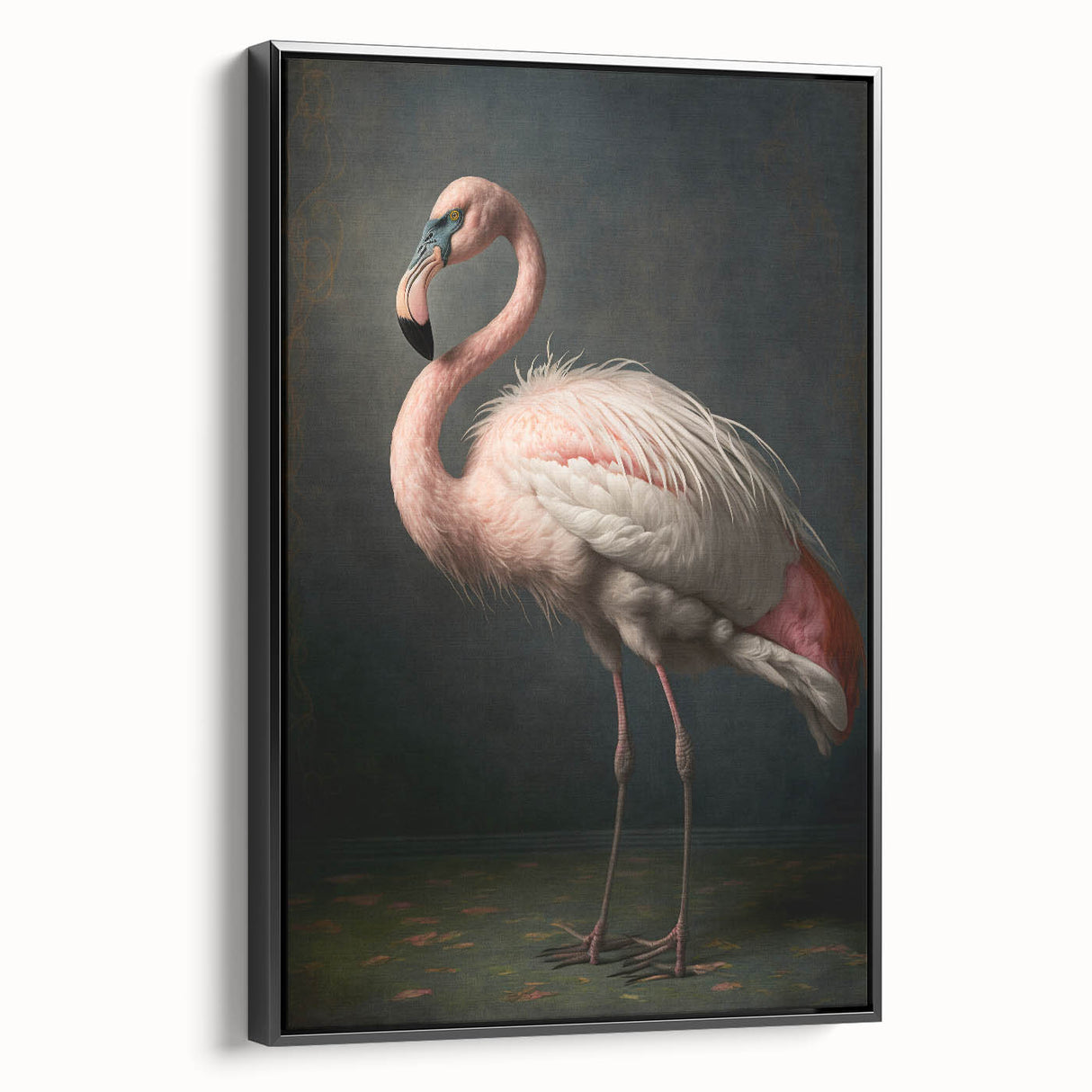 Framed canvas art showcasing a vibrant abstract design in shades of blue and gold, viewed from the side against a neutral backdrop, ideal for modern home decor.