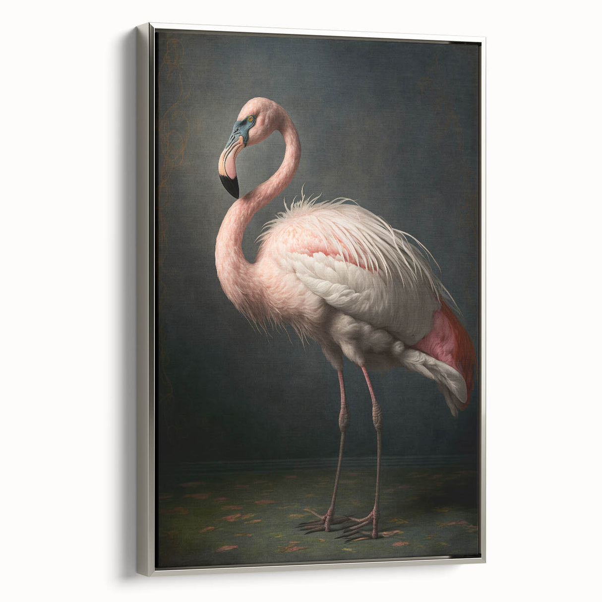 Framed canvas artwork displaying a serene landscape scene, featuring vibrant colors and intricate details. The silver frame adds elegance, enhancing the overall aesthetic.
