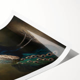 Rolled canvas print showcasing vibrant African tribal art with intricate patterns, featuring a textured surface, securely packaged in a protective cardboard tube for delivery.