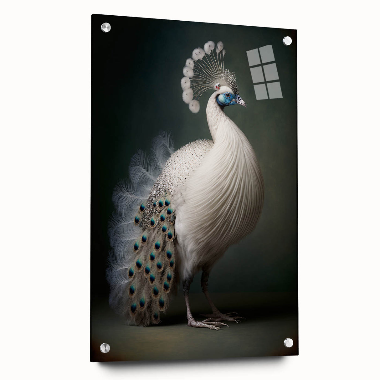 Acrylic glass side view showcasing a modern design with multiple pins for support. The sleek glass features a clear finish, ideal for contemporary decor.