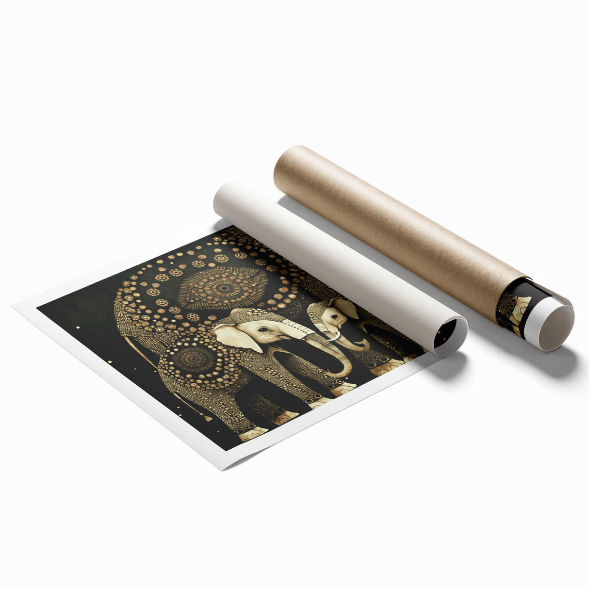 Rolled canvas print showcasing vibrant African tribal art, featuring intricate patterns and bold colors, securely packaged in a protective cardboard tube for delivery.