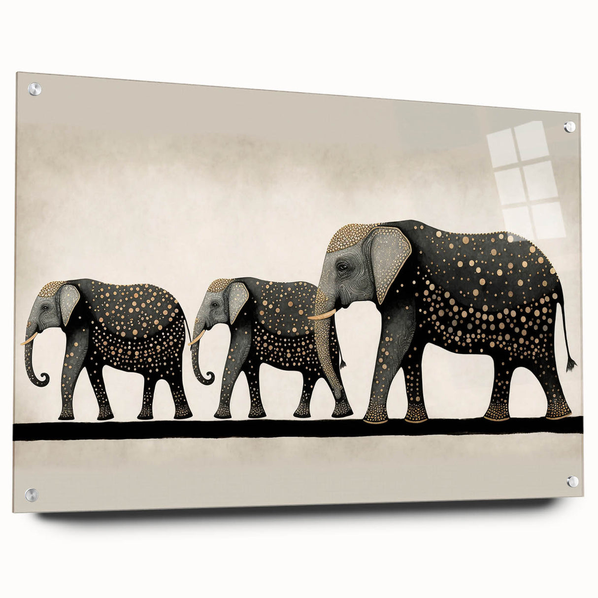 Acrylic glass panel in a side view, showcasing a clear, polished finish with metal pins at the corners for secure mounting, ideal for modern interior decor.