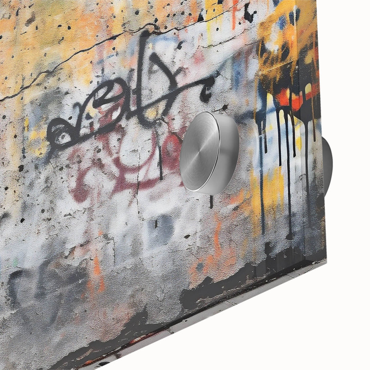 Large abstract wall art in vibrant orange and blue hues on acrylic glass.