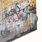 Large abstract wall art in vibrant orange and blue hues on acrylic glass.
