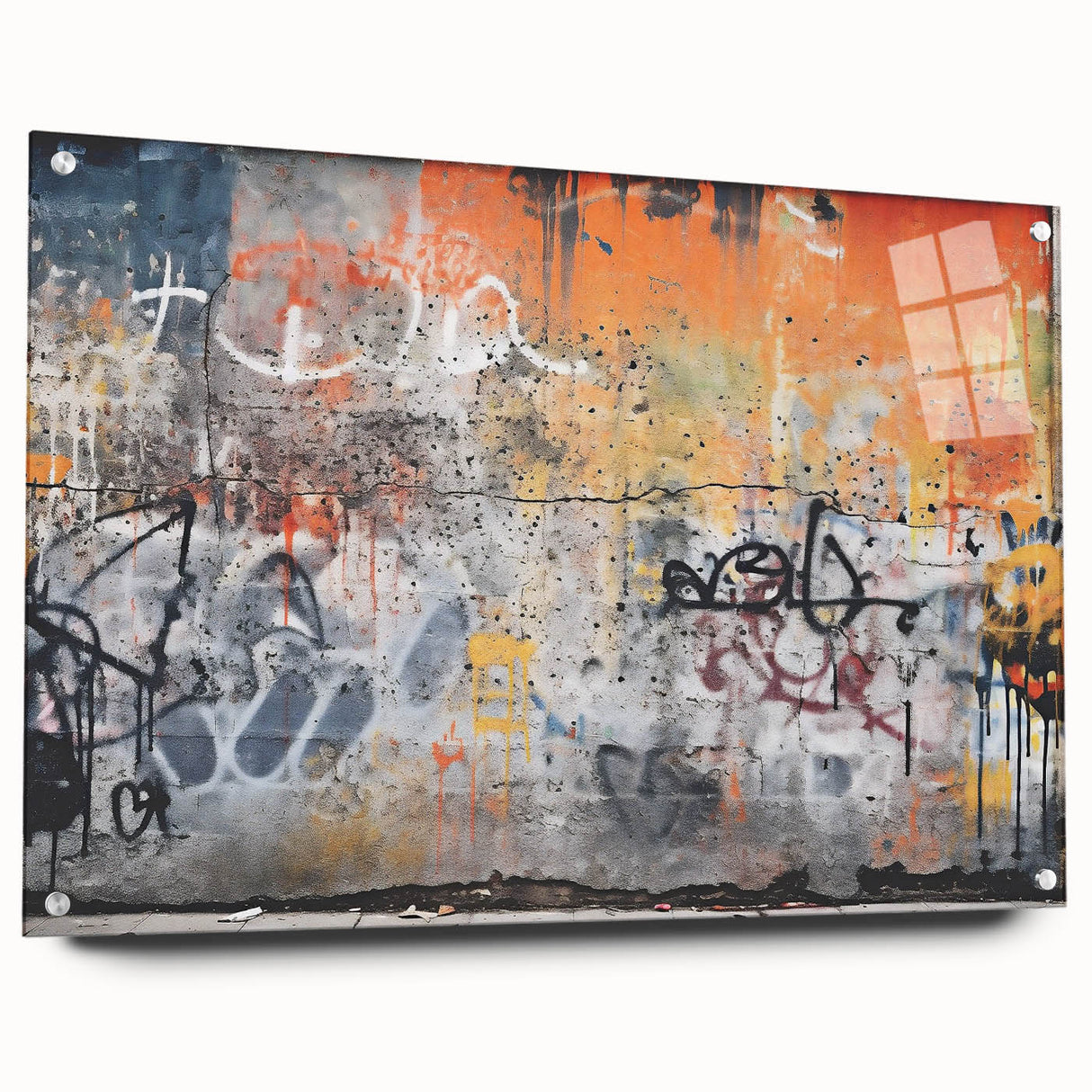 Large abstract wall art on acrylic glass depicting swirling blue and white patterns.
