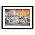 Extra large, textured abstract art print in vibrant colors on a black framed canvas, ideal for living room decor.