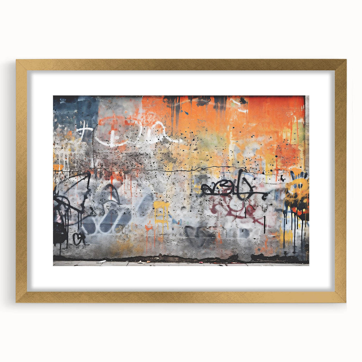 Extra large abstract art print with textured swirls in earth tones, framed in gold, ideal for living room decor.