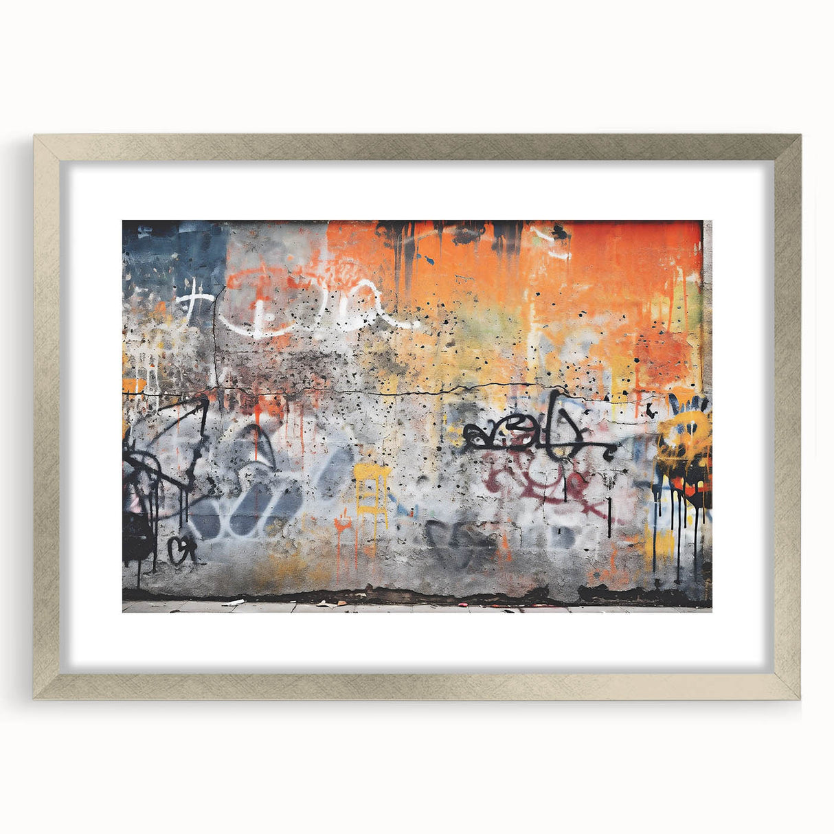 Textured abstract art print in muted gray and blue tones on framed canvas, suitable for bedroom decor.