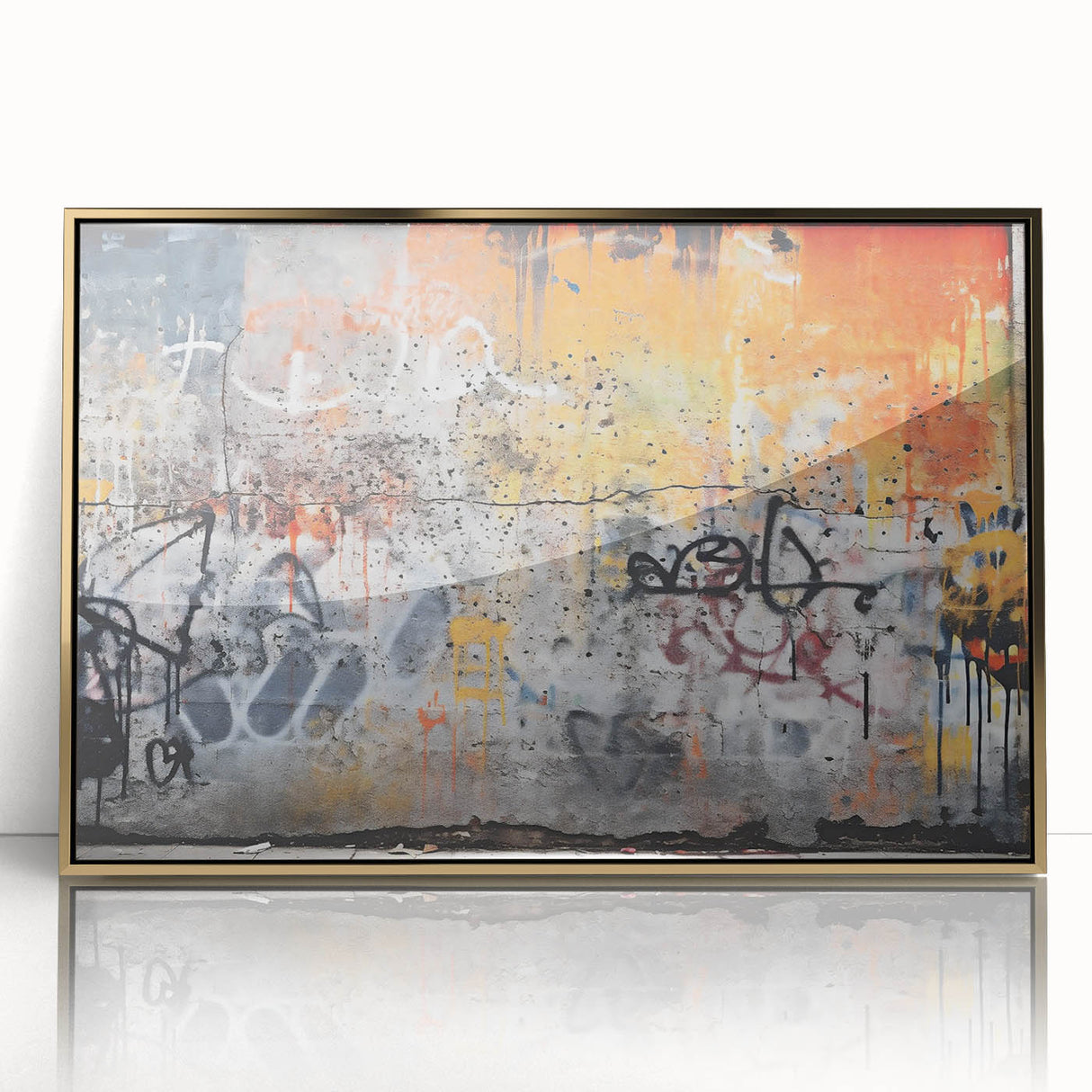 Large art print of a mid-century modernist abstract design in gold and black tones on acrylic.