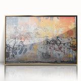 Large art print of a mid-century modernist abstract design in gold and black tones on acrylic.