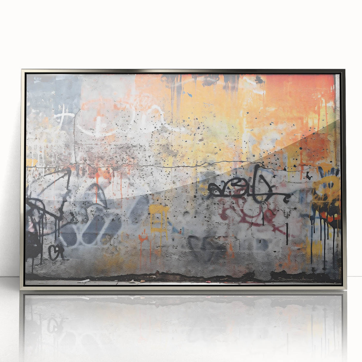 Mid-century modernist art depicting geometric shapes in muted gray and blue tones on a framed acrylic print.
