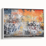 Framed vintage poster art of a colorful abstract design on canvas, suitable for extra large wall art in a living room.