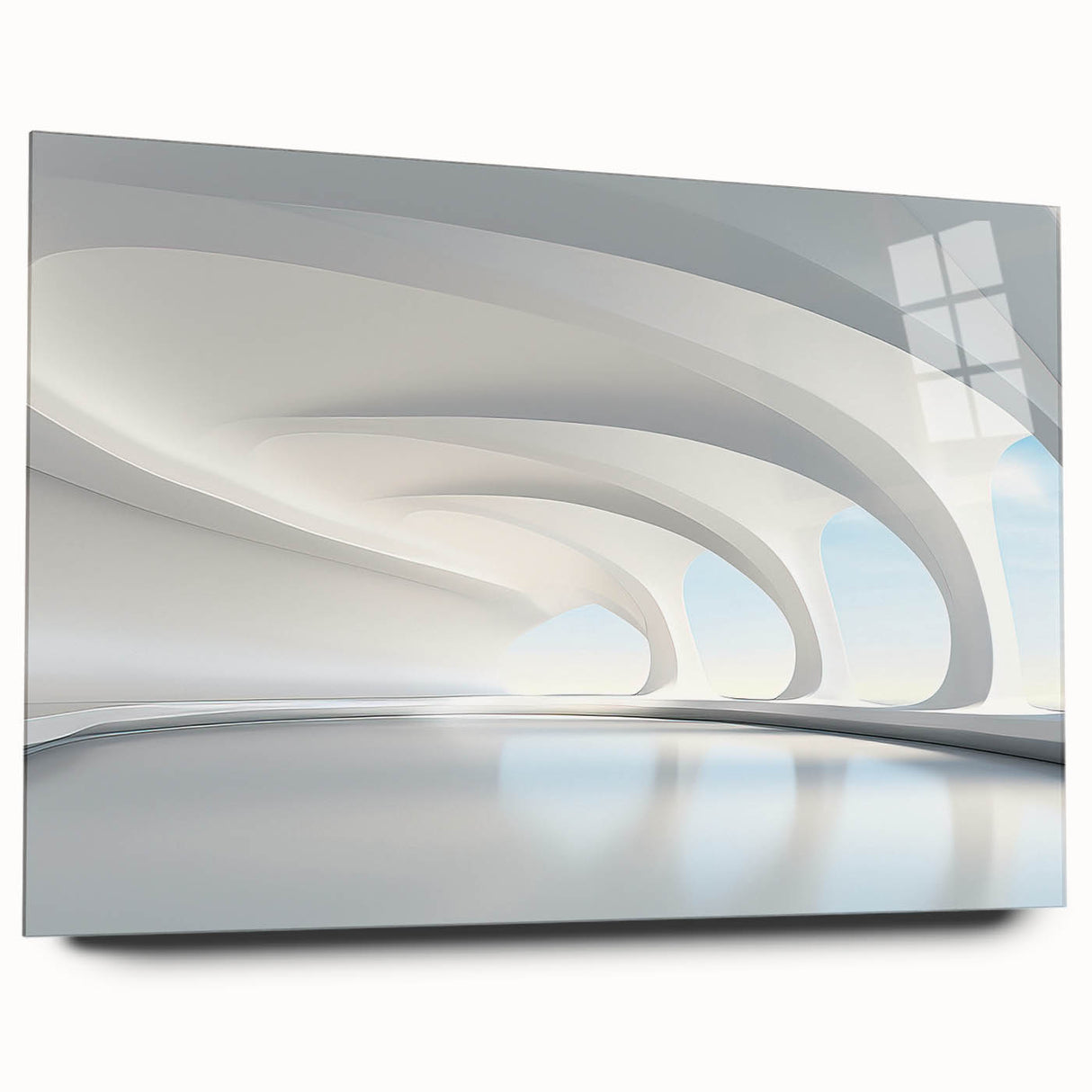 Large abstract wall art on acrylic glass featuring swirling blue and gray tones, suitable for bedroom or dining room decor.