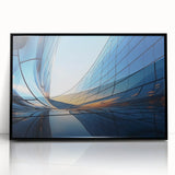 Large abstract wall art in mid-century modernist style on acrylic, featuring swirling blue and gray tones.