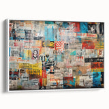 Framed vintage poster art featuring colorful abstract design on a black background, ideal for living room decor.